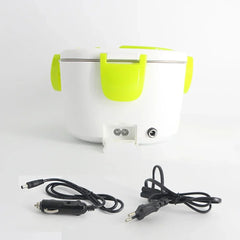 A white and green portable electric lunch box with car and wall power cables.