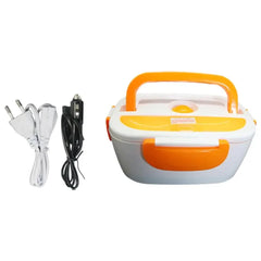 A white and orange portable electric heating lunch box with a home power cord and a car adapter.