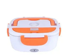 A white and orange portable electric heating lunch box with a carrying handle.