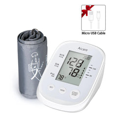 An Aicare digital upper arm blood pressure monitor with a cuff and a micro USB charging cable.