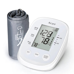 An Aicare digital upper arm blood pressure monitor with a gray cuff and a white display unit.
