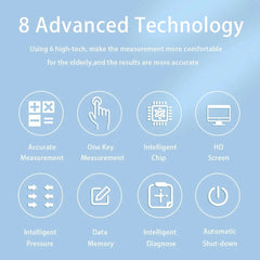 An infographic showing eight icons representing the advanced features of a blood pressure monitor.