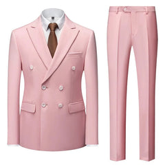 A light pink double-breasted suit with a white shirt and brown tie.