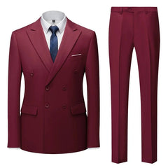 A burgundy double-breasted suit with a white shirt and a blue patterned tie.