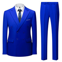 A sky blue double-breasted suit with a white shirt and a dark patterned tie.