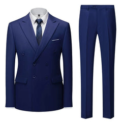A sky blue double-breasted men's suit with a white shirt and patterned tie.