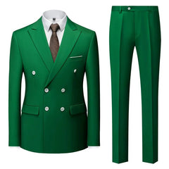A vibrant green double-breasted suit with a white shirt and brown patterned tie.