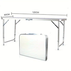 A white aluminum folding table shown both fully extended and folded into a portable case.