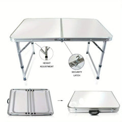 A white aluminum folding table shown in both its upright position and folded carrying case form.