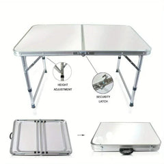 A white aluminum folding table with adjustable legs and a security latch for portability.