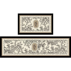 Two rectangular kitchen floor mats featuring a vintage floral pattern and elegant typography.