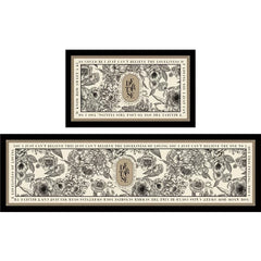 Two rectangular kitchen floor mats featuring a vintage floral pattern and elegant typography.