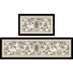 A rectangular kitchen floor mat featuring a vintage floral pattern and text on a cream background.