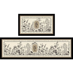 A rectangular kitchen floor mat featuring a vintage floral design with text on a cream background.