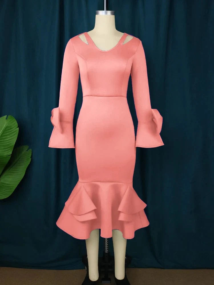 A peach-colored, knee-length bodycon dress with long flare sleeves, cold shoulders, and ruffles.