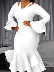 A white knee-length bodycon dress with long flare sleeves, cold shoulders, and ruffled hem.