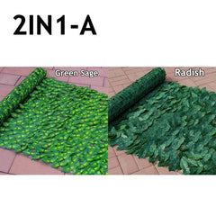 Two rolls of artificial ivy privacy fence panels with green sage and radish leaf styles.