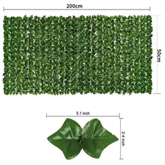 Artificial ivy hedge privacy fence panel with dimensions and a close-up of a single leaf.