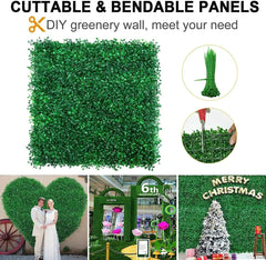 A square artificial boxwood hedge panel with zip ties and examples of its use as a backdrop.