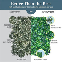 A comparison image shows a sparse, uneven artificial boxwood panel next to a dense, uniform one.