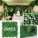 A set of twenty artificial boxwood hedge panels for creating green wall backdrops.
