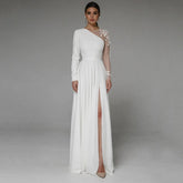 Asymmetrical Side Slit Wedding Dress Long Sleeve Civil Bridal Gown Party For Bride Button Applique Floor Length Свадебное платье - SHOWLU FASHION STORE