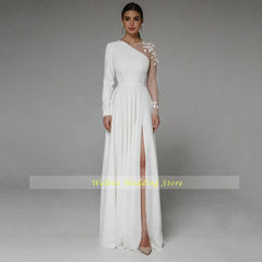 Asymmetrical Side Slit Wedding Dress Long Sleeve Civil Bridal Gown Party For Bride Button Applique Floor Length Свадебное платье - SHOWLU FASHION STORE