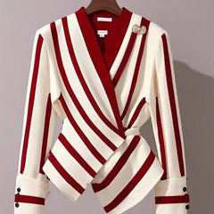 Autumn High end Luxury Long Sleeve Shirt for Women Unique Chic Korean Style V - neck Slim Commuter Striped Blosues Women Tops 3357 - SHOWLU FASHION STORE