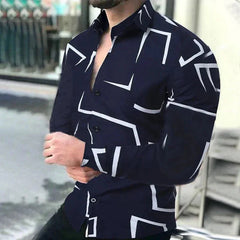 Autumn men's casual versatile fashion street men's shirt lapel single - breasted shirt men's irregular line long - sleeved shirt - SHOWLU FASHION STORE
