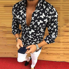 Autumn men's casual versatile fashion street men's shirt lapel single - breasted shirt men's irregular line long - sleeved shirt - SHOWLU FASHION STORE