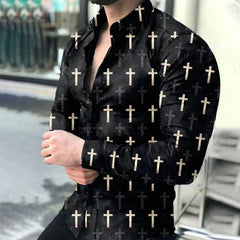 Autumn men's casual versatile fashion street men's shirt lapel single - breasted shirt men's irregular line long - sleeved shirt - SHOWLU FASHION STORE