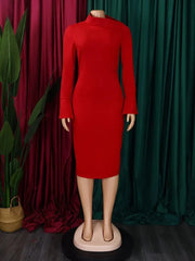 A red long-sleeved midi bodycon dress with an asymmetrical diagonal collar.