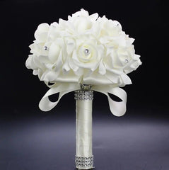 A white foam rose bridal bouquet with rhinestone accents and a satin ribbon-wrapped handle.