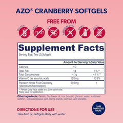 The supplement facts label for AZO Cranberry softgels lists ingredients and serving information.