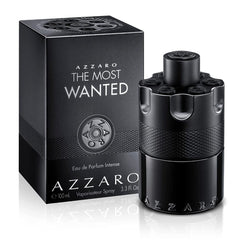Azzaro The Most Wanted Eau de Parfum Intense bottle next to its black rectangular box.