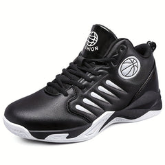 A black high-top basketball shoe with a white sole and a basketball emblem on the side.