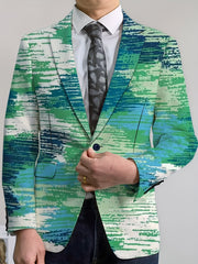 A man wears a regular fit party blazer featuring a blue and green abstract horizontal stripe print.