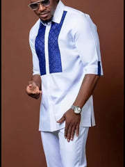 African ethnic style Men's casual suit printed shirt hem slit and rubber pants 2pcs set