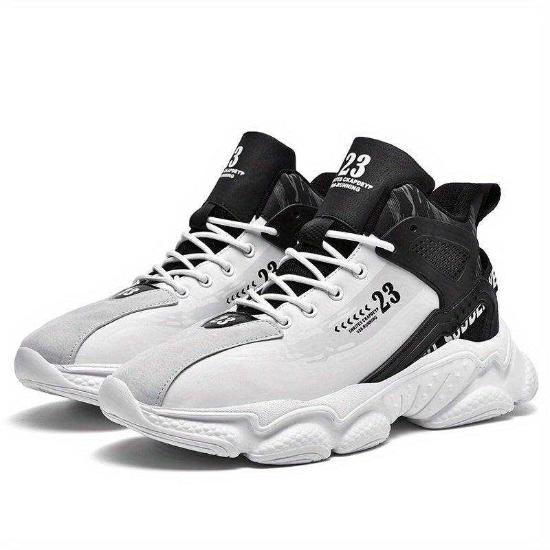 A pair of white and black mid-top men's running shoes with lace-up closures and textured soles.