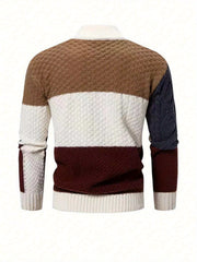 A men's color-blocked knit pullover with a stand collar and long sleeves.