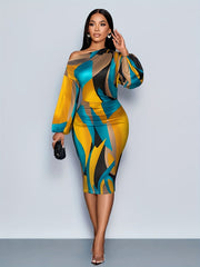 A woman wears an off-shoulder, bodycon midi dress featuring a vibrant geometric print.
