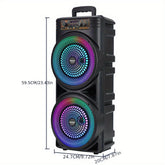 A portable dual 8.5-inch wireless speaker with RGB lights and dimensions of 59.5 by 24.7 by 20 cm.