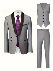 A grey three-piece suit featuring a shawl collar jacket, matching vest, trousers, and purple tie.