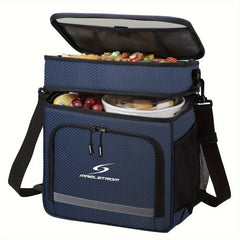 A navy blue insulated lunch cooler bag with a dual-compartment design and a Maelstrom logo.
