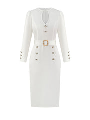 A white long-sleeved fitted midi dress featuring a V-neckline, decorative gold buttons, and a belt.