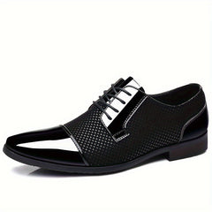 Black and white lace-up Oxford dress shoes with a textured pattern and a glossy finish.