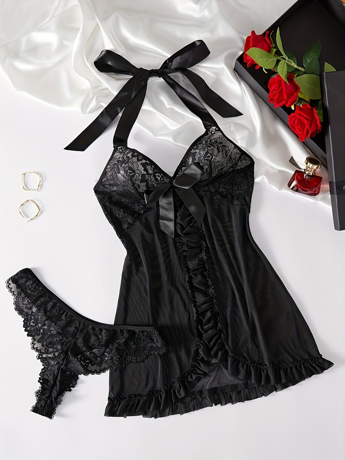 Alluring Halter Lace Lingerie Set for Women - Seductive Deep V Slip Dress with Adjustable Tie Neck, Split Ruffles & Bow Decor, Includes Matching Thong - A Feminine Boudoir Essential & Perfect Gift SHOWLU FASHION STORE