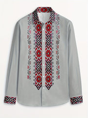 Men's Tribal Ethnic Print Long Sleeve Dress Shirt - 100% Polyester, Classic Collar & Button-Up Front, Machine Washable, Spring/Fall Casual to Formal Wear
