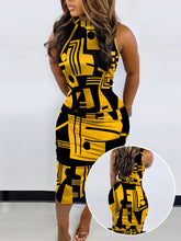 Women's High-Waisted Olive Green Geometric Print Sleeveless Dress - Stretchy Bodycon Midi Dress with Stand Collar, Machine Washable All-Season Vacation & Casual Wear, Tight Fitted Dress, Versatile Fashion, Highelasticity Fabr