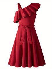 Girl's Sleeveless Polka Dot A-Line Dress with Ruffled One-Shoulder Design and Waist Bow - Black & White Summer Dress for Youngsters 5-12 Years